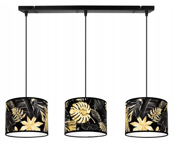 Závěsné svítidlo Gold Flowers, 3x černé textilní stínítko s květinovým vzorem
