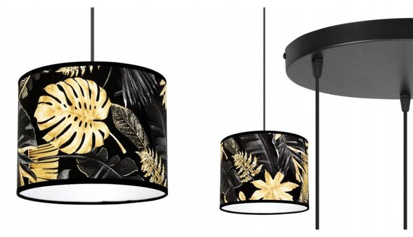 Závěsné svítidlo Gold Flowers, 3x černé textilní stínítko s květinovým vzorem