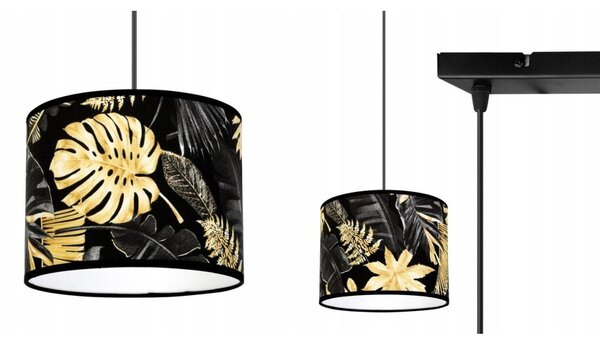 Závěsné svítidlo Gold Flowers, 2x černé textilní stínítko s květinovým vzorem
