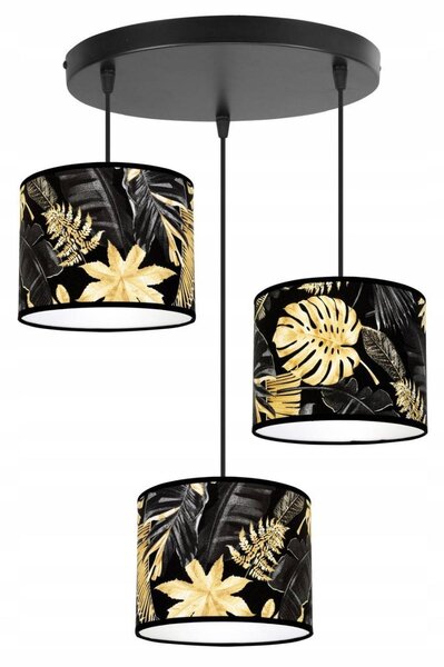 Závěsné svítidlo Gold Flowers, 3x černé textilní stínítko s květinovým vzorem