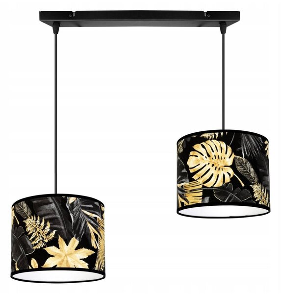 Závěsné svítidlo Gold Flowers, 2x černé textilní stínítko s květinovým vzorem