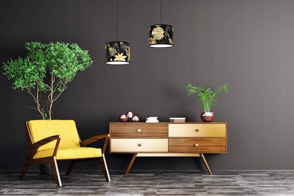 Závěsné svítidlo Gold Flowers, 2x černé textilní stínítko s květinovým vzorem