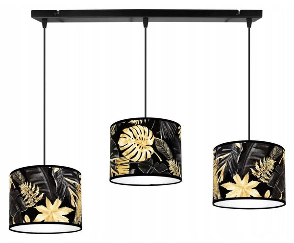 Závěsné svítidlo Gold Flowers, 3x černé textilní stínítko s květinovým vzorem