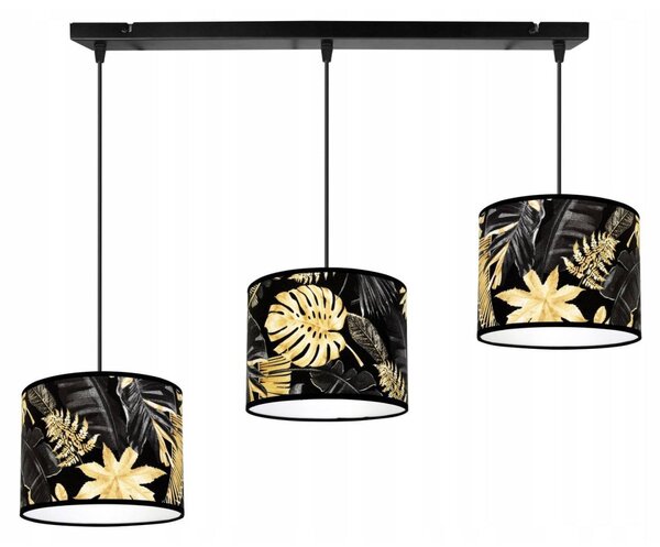 Závěsné svítidlo Gold Flowers, 3x černé textilní stínítko s květinovým vzorem