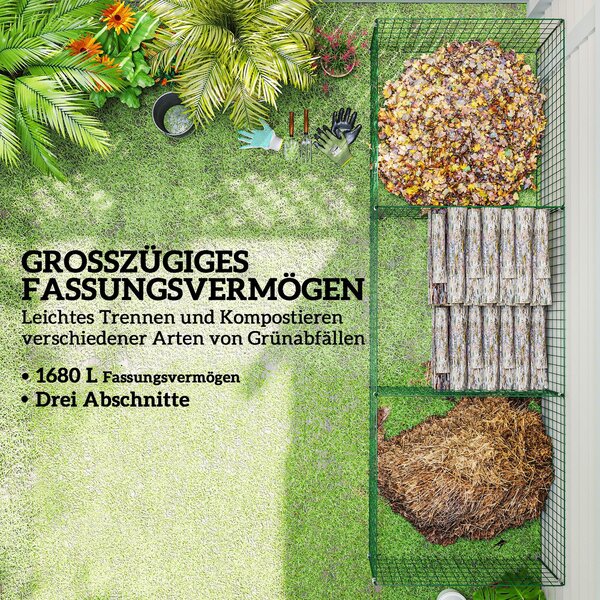 Outsunny Kompostér 1680 litrů, 270 x 90 x 70 cm, 3-dílný rychlý kompostér z oceli, voděodolný thermokompostér s otevřeným mřížkovým designem, zahradní