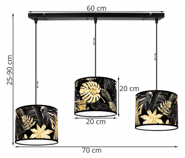 Závěsné svítidlo Gold Flowers, 3x černé textilní stínítko s květinovým vzorem