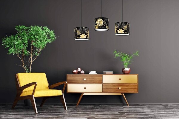 Závěsné svítidlo Gold Flowers, 3x černé textilní stínítko s květinovým vzorem