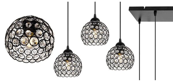 Závěsné svítidlo Crystal, 5x černé křišťálové stínítko