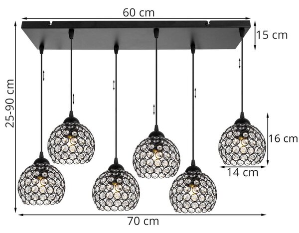 Závěsné svítidlo Crystal, 5x černé křišťálové stínítko
