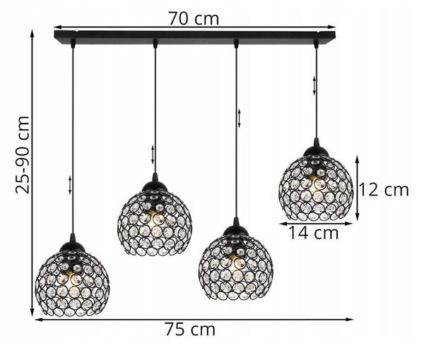 Závěsné svítidlo Crystal, 4x černé křišťálové stínítko