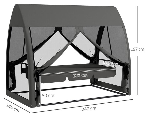 Outsunny 2-v-1 Hollywoodská houpačka s ležící funkcí - 3-místná zahradní houpačka s markýzou a síťkou proti hmyzu, nosnost až 300 kg, lehátko do zahra