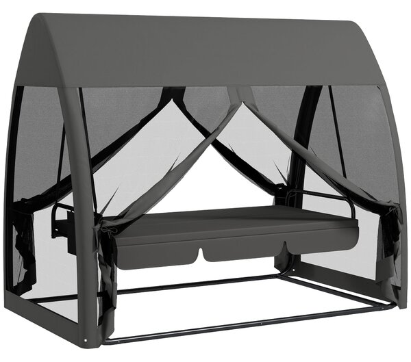 Outsunny 2-v-1 Hollywoodská houpačka s ležící funkcí - 3-místná zahradní houpačka s markýzou a síťkou proti hmyzu, nosnost až 300 kg, lehátko do zahra