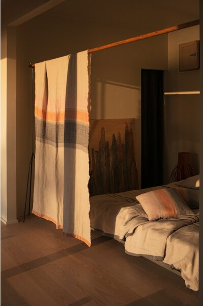 Lněná deka / ubrus Ruoste 150x260, len-oranžová-šedá