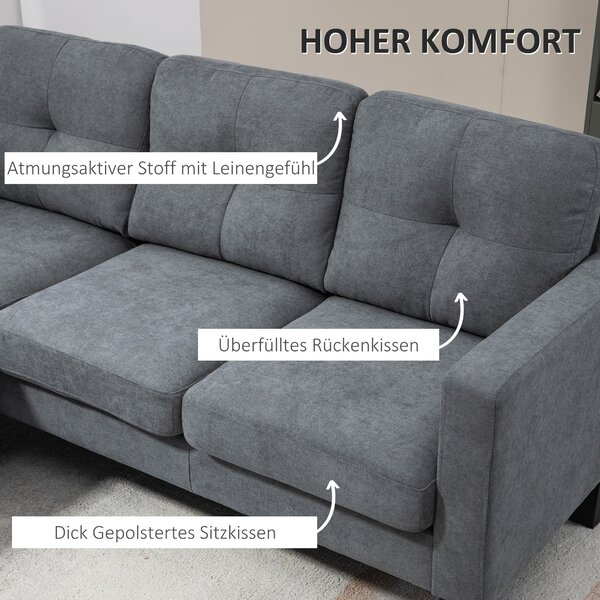 HOMCOM Rohová pohovka s odnímatelným chaise longue, L tvarovaná pohovka se sprężinovým jádrem, vysokohustotní pěnou, vzhled lnu pro obývací pokoj, lož