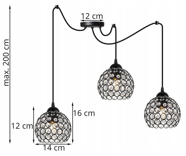 Závěsné svítidlo Crystal Spider, 3x černé křišťálové stínítko