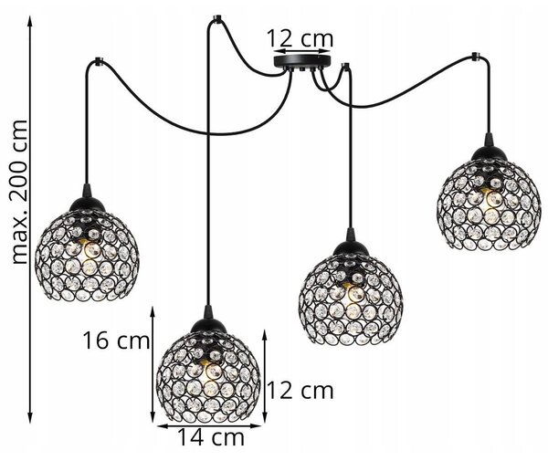 Závěsné svítidlo Crystal Spider, 4x černé křišťálové stínítko