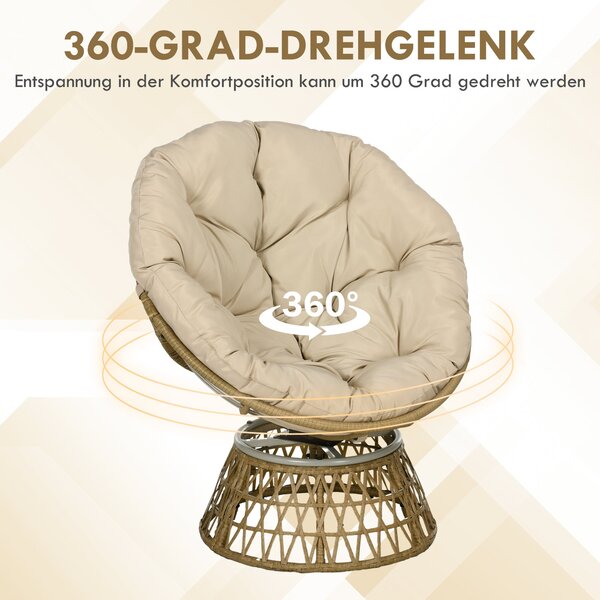 Outsunny Papasan křeslo z vodního hyacintu, otočné s polštářem, 360° nastavitelné podnožce 85 x 70 x 82 cm Khaki | Aosom