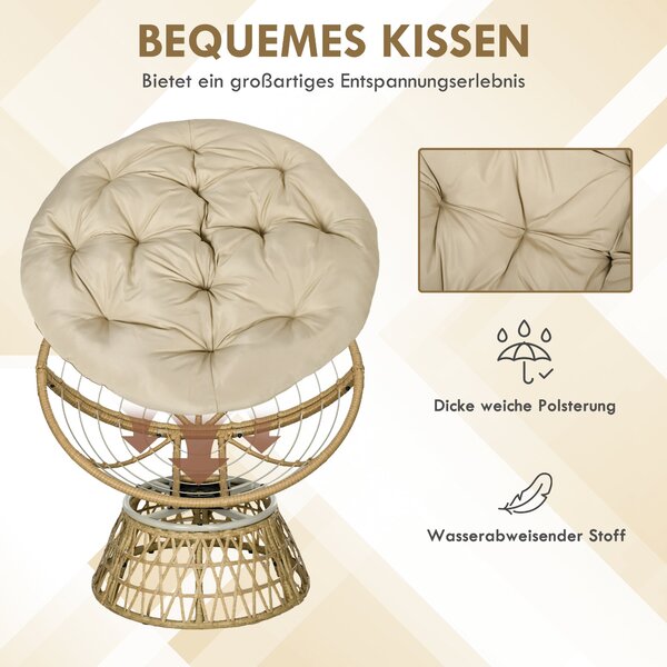 Outsunny Papasan křeslo z vodního hyacintu, otočné s polštářem, 360° nastavitelné podnožce 85 x 70 x 82 cm Khaki | Aosom