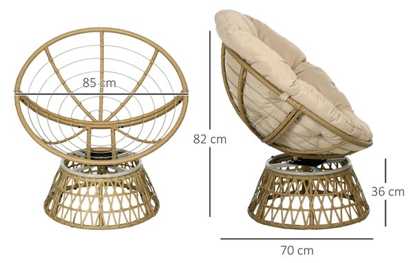 Outsunny Papasan křeslo z vodního hyacintu, otočné s polštářem, 360° nastavitelné podnožce 85 x 70 x 82 cm Khaki | Aosom