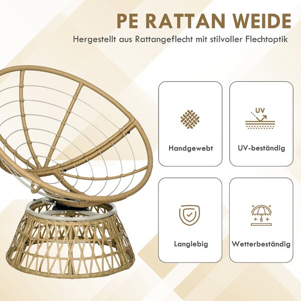 Outsunny Papasan křeslo z vodního hyacintu, otočné s polštářem, 360° nastavitelné podnožce 85 x 70 x 82 cm Khaki | Aosom