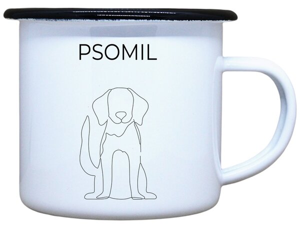 Smaltovaný hrnek plecháček s potiskem Psomil, 330 ml