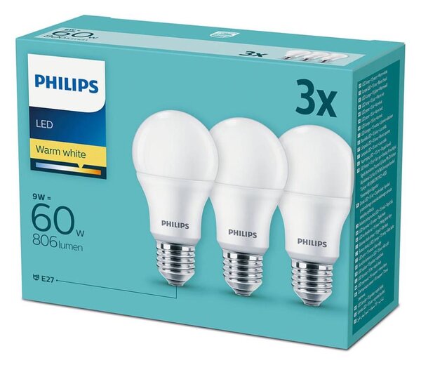 Sada 3x LED Žárovka Philips E27/9W/230V 2700K