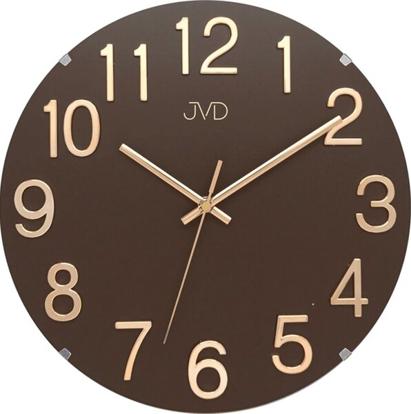 Skleněné kulaté čitelné nástěnné hodiny JVD HT98.2 (hnědé čitelné hodiny s vypouklým designovým sklem)