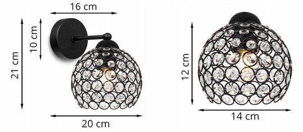 Nástěnné svítidlo Crystal 1, 1x černé křišťálové stínítko