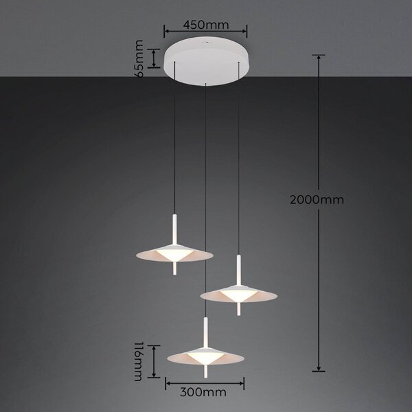 Trio Lighting LED závěsné světlo Amalo, matná bílá, Ø 67 cm, kov, 3 žárovky, stmívatelný, Bílá / opál, Obývací pokoj / jídelna, kov, Moderní