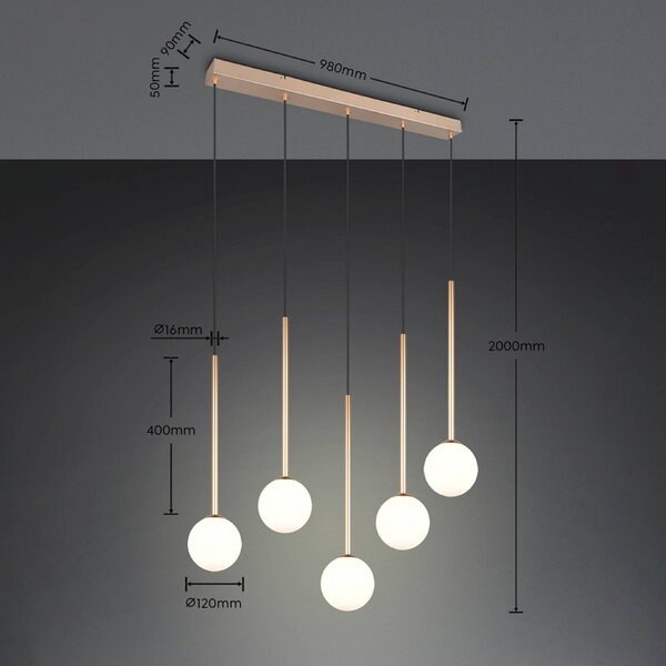 Trio Lighting Závěsné světlo Firano, zlatá, délka 107 cm, kovová, 5ramenná., Mosaz / zlato, Obývací pokoj / jídelna, kov, Moderní