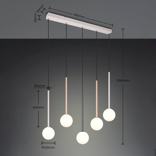 Trio Lighting Závěsné světlo Firano, barevné, délka 107 cm, kovová, 5ramenná, Vícebarevná, Obývací pokoj / jídelna, kov, Moderní