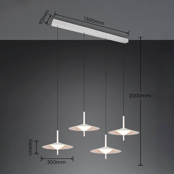 Trio Lighting LED závěsné světlo Amalo, matná bílá, délka 146 cm, 4 žárovky, stmívatelný, Bílá / opál, Obývací pokoj / jídelna, kov, Moderní