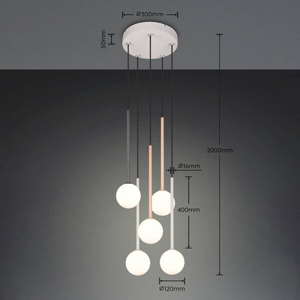 Trio Lighting Závěsné světlo Firano, barevné, Ø 36 cm, kov, 5ramenné, Vícebarevná, Obývací pokoj / jídelna, kov, Moderní