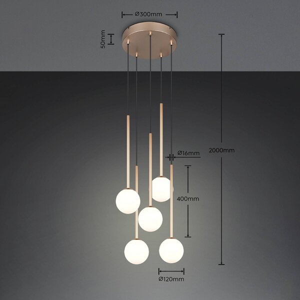 Trio Lighting Závěsné světlo Firano, zlatá, Ø 36 cm, kov, 5ramenná, Mosaz / zlato, Obývací pokoj / jídelna, kov, Moderní