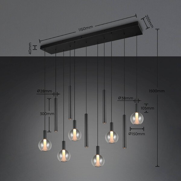 Trio Lighting LED závěsné světlo Melaro, délka 120 cm, černá, kov/sklo, 11 žárovek, stmívatelný, Černá, Obývací pokoj / jídelna, kov