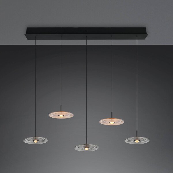 Trio Lighting LED závěsné světlo Sirena černá/jantarová/kouřová, 104 cm, sklo, 5ramenné, stmívatelný, Černá, Obývací pokoj / jídelna, kov