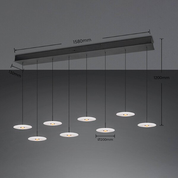 Trio Lighting LED závěsné světlo Sirena, bílá, délka 167 cm, sklo, 8žárovková, stmívatelný, Bílá / opál, Obývací pokoj / jídelna, kov