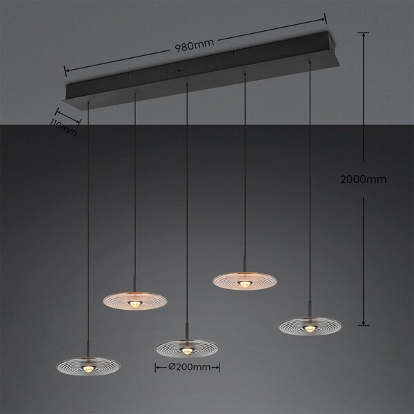 Trio Lighting LED závěsné světlo Sirena černá/jantarová/kouřová, 104 cm, sklo, 5ramenné, stmívatelný, Černá, Obývací pokoj / jídelna, kov