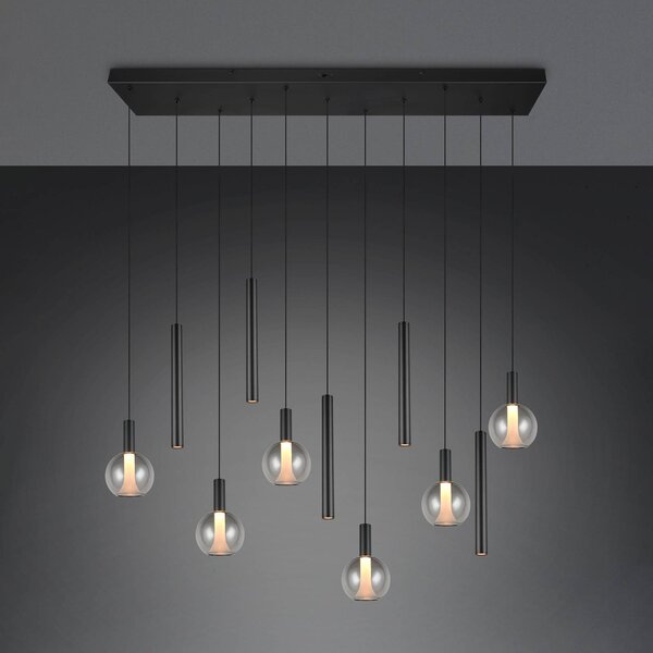 Trio Lighting LED závěsné světlo Melaro, délka 120 cm, černá, kov/sklo, 11 žárovek, stmívatelný, Černá, Obývací pokoj / jídelna, kov