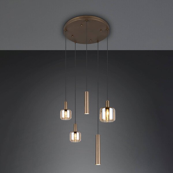 Trio Lighting Závěsné světlo Mataro, béžová, Ø 55 cm, 5ramenná, sklo/kov, stmívatelný, Krémová / jantar, Obývací pokoj / jídelna, Sklo, Moderní