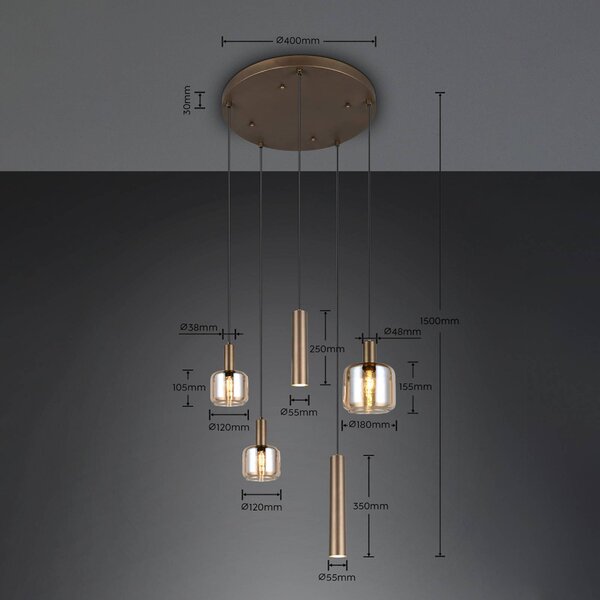 Trio Lighting Závěsné světlo Mataro, béžová, Ø 55 cm, 5ramenná, sklo/kov, stmívatelný, Krémová / jantar, Obývací pokoj / jídelna, Sklo, Moderní