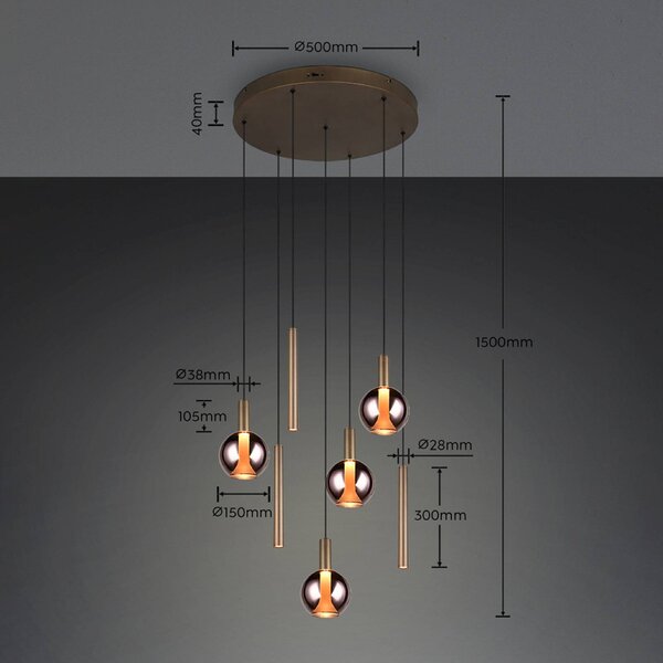 Trio Lighting LED závěsné světlo Melaro, Ø 59 cm, platinová, kov/sklo, 7 žárovek, stmívatelný, Hliník / šedá / zinek, Obývací pokoj / jídelna, kov
