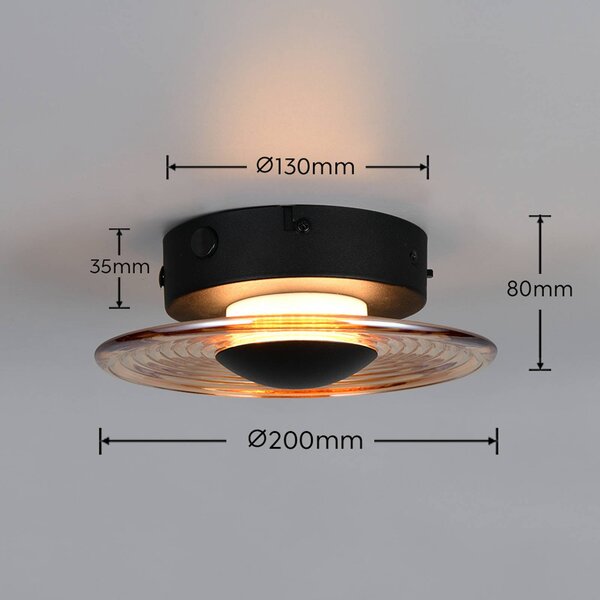 Trio Lighting LED nástěnné světlo Sirena, černá/jantarová, Ø 20 cm, sklo,, stmívatelný, Černá, Obývací pokoj / jídelna, kov