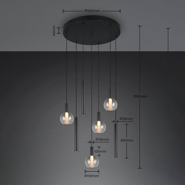 Trio Lighting LED závěsné světlo Melaro, Ø 59 cm, černá, kov/sklo, 7 žárovek, stmívatelný, Černá, Obývací pokoj / jídelna, kov