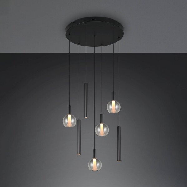 Trio Lighting LED závěsné světlo Melaro, Ø 59 cm, černá, kov/sklo, 7 žárovek, stmívatelný, Černá, Obývací pokoj / jídelna, kov