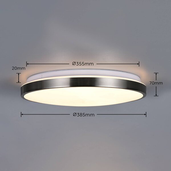 Trio Lighting LED stropní svítidlo Fena, matný nikl, Ø 38 cm, kov, IP44, stmívatelný, Hliník / šedá / zinek, Koupelna, kov, Moderní