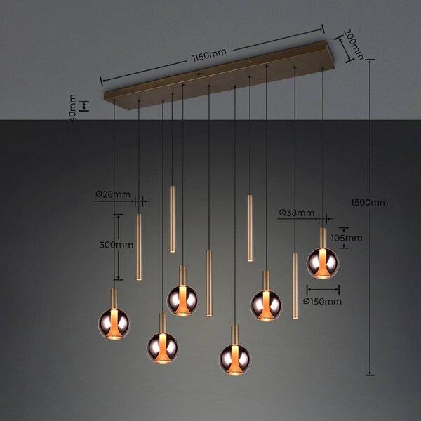 Trio Lighting LED závěsné světlo Melaro, 120 cm, platinová, kov/sklo, 11 žárovek, stmívatelný, Hliník / šedá / zinek, Obývací pokoj / jídelna, kov