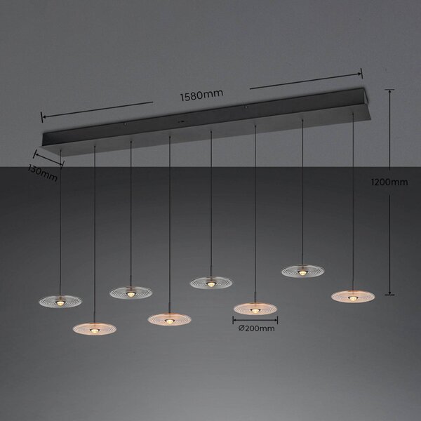 Trio Lighting LED závěsné světlo Sirena černá/jantarová/kouřová 167 cm sklo 8ramenné, stmívatelný, Černá, Obývací pokoj / jídelna, kov