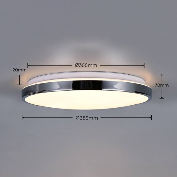 Trio Lighting LED stropní svítidlo Fena, chromová barva, Ø 38 cm, kov, IP44, stmívatelný, Chrom / stříbro, Koupelna, kov, Moderní