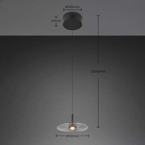 Trio Lighting LED závěsné světlo Sirena, černá/kouřově šedá, Ø 20 cm, sklo,, stmívatelný, Černá, Obývací pokoj / jídelna, kov
